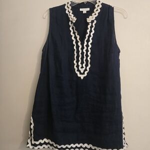 Charter Club Navy Tunic with White Trim Accents. 100% linen
